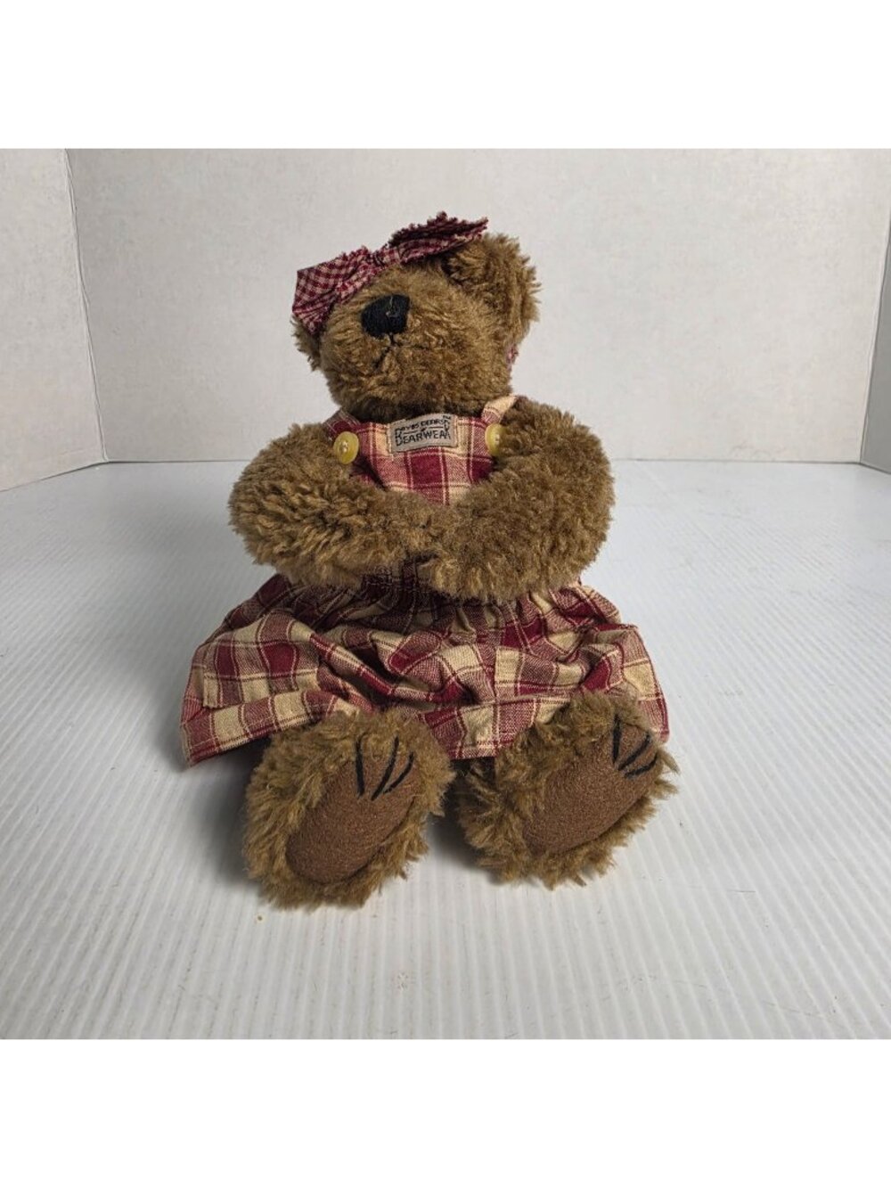 THE BOYD'S COLLECTION J.B. BEAN SERIES BROWN TEDDY BEAR RED GINGHAM DRESS AND BO